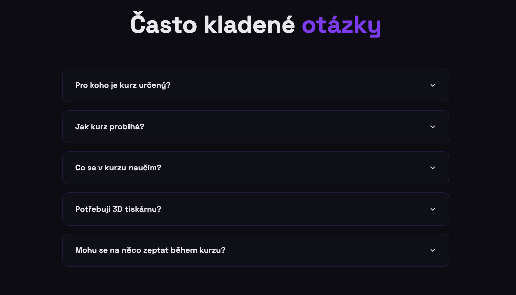 Sekce nejčastějších otázek na prodejní stránce