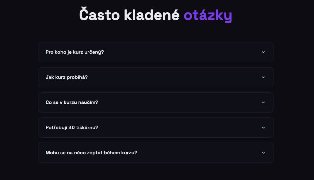 Sekce nejčastějších otázek na prodejní stránce