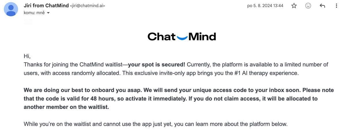 ChatMind aktivační email