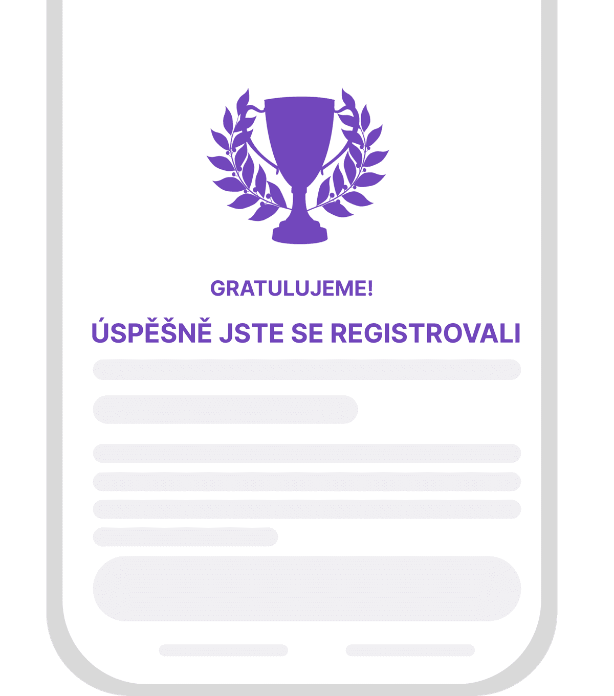 Mockup obrazovky s gratulací po úspěšné registraci